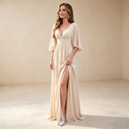 Elegantes Chiffon Abendkleid Champagner | V-Ausschnitt Kleid mit Flatterärmeln