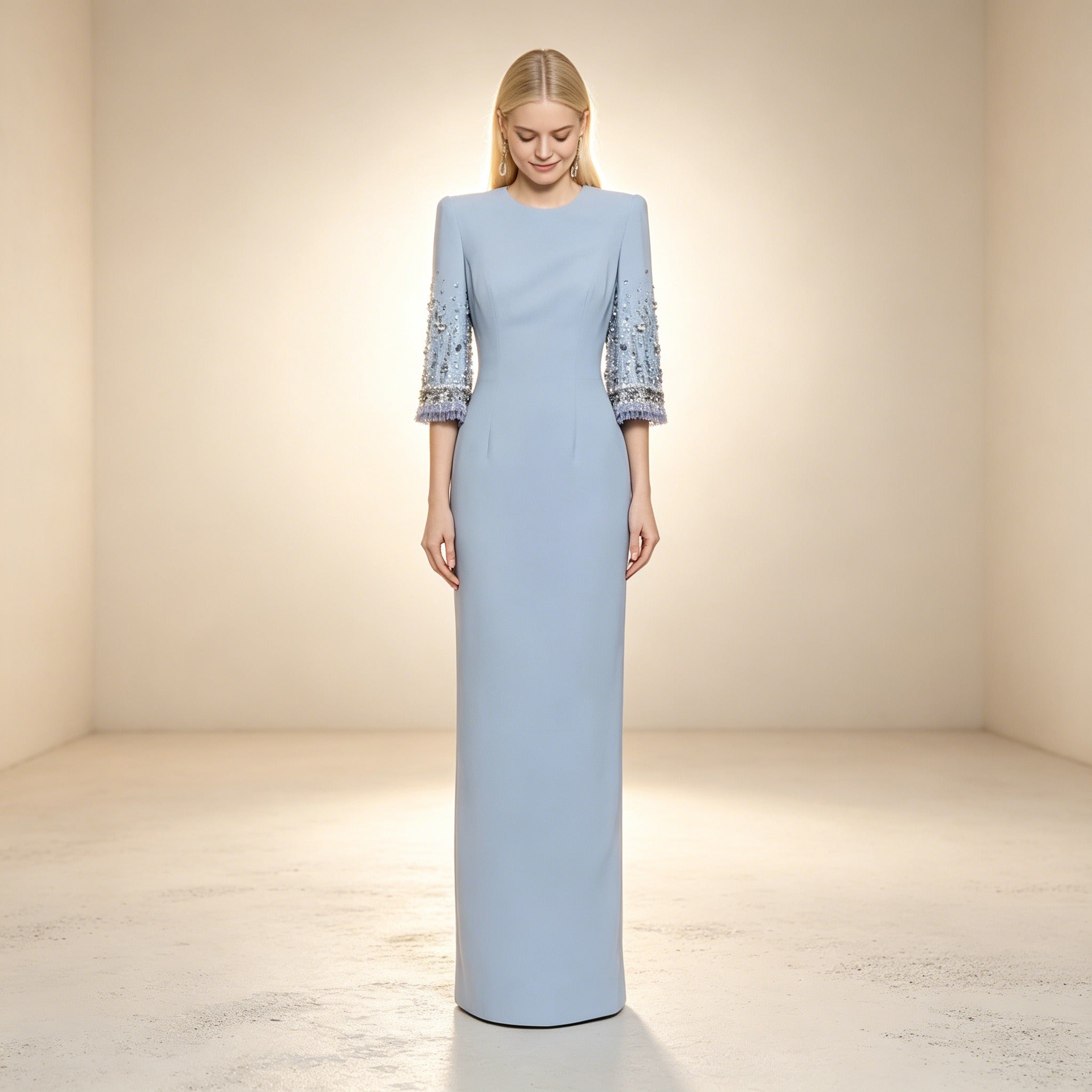 Bodenlanges Etuikleid in Hellblau | Gala-Kleid mit Schulterpolstern