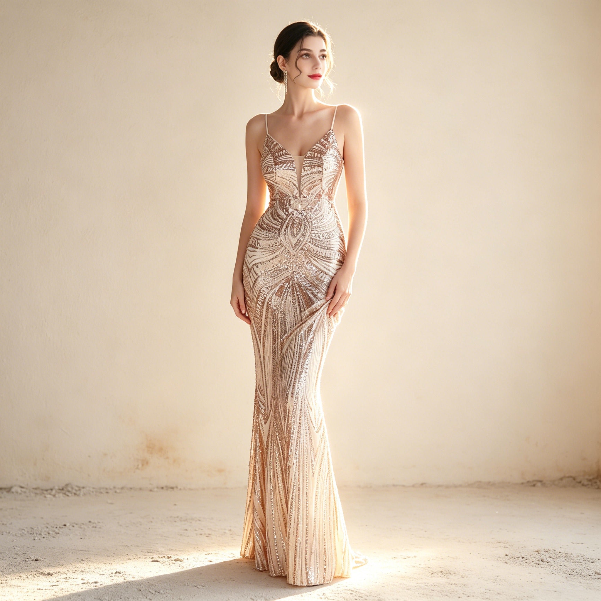 Glamouröses Pailletten Abendkleid in Roségold – Maxikleid im Meerjungfrau-Stil mit V-Ausschnitt