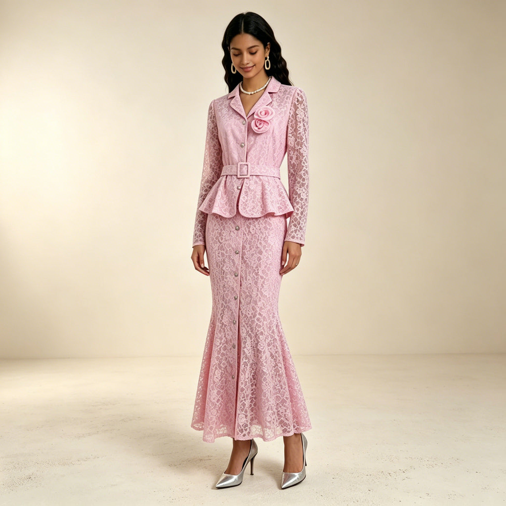 Elegantes Spitzen-Zweiteiler Rosa | Festliches Set mit Rock und Blazer