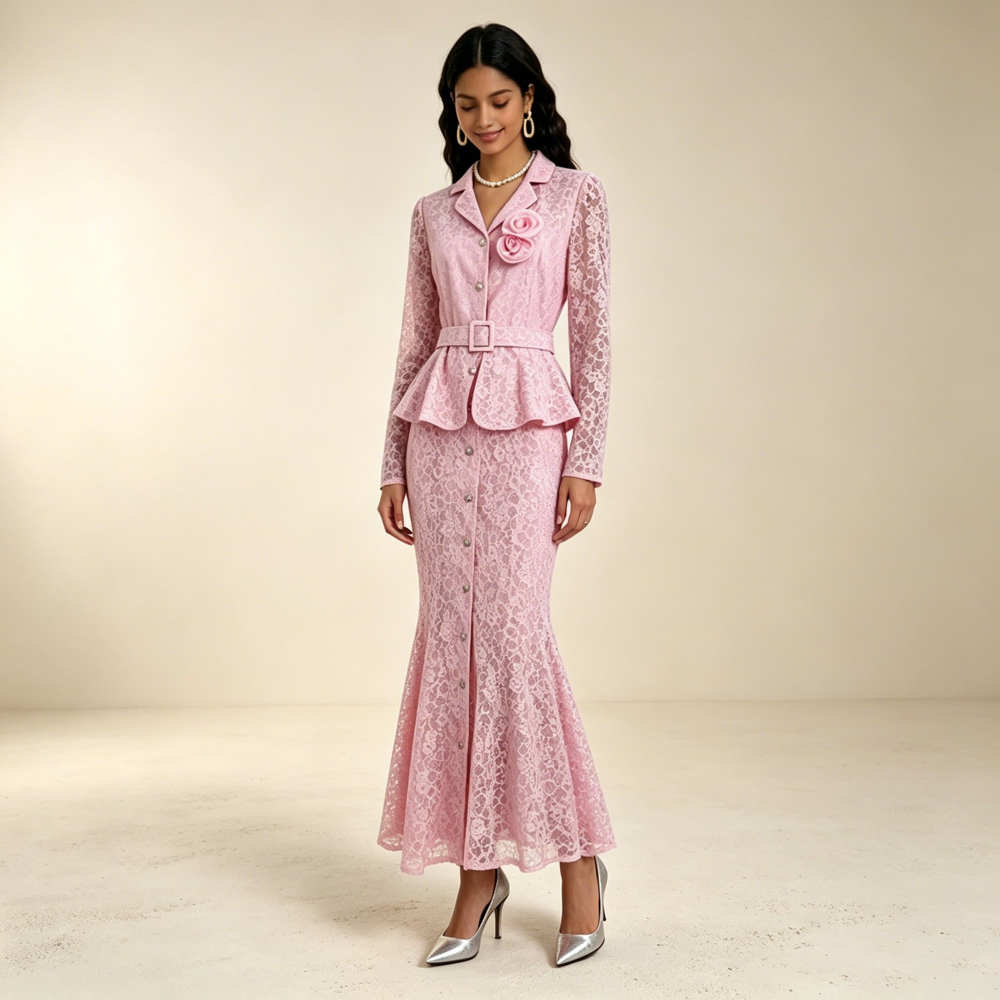 Elegantes Spitzen-Zweiteiler Rosa | Festliches Set mit Rock und Blazer