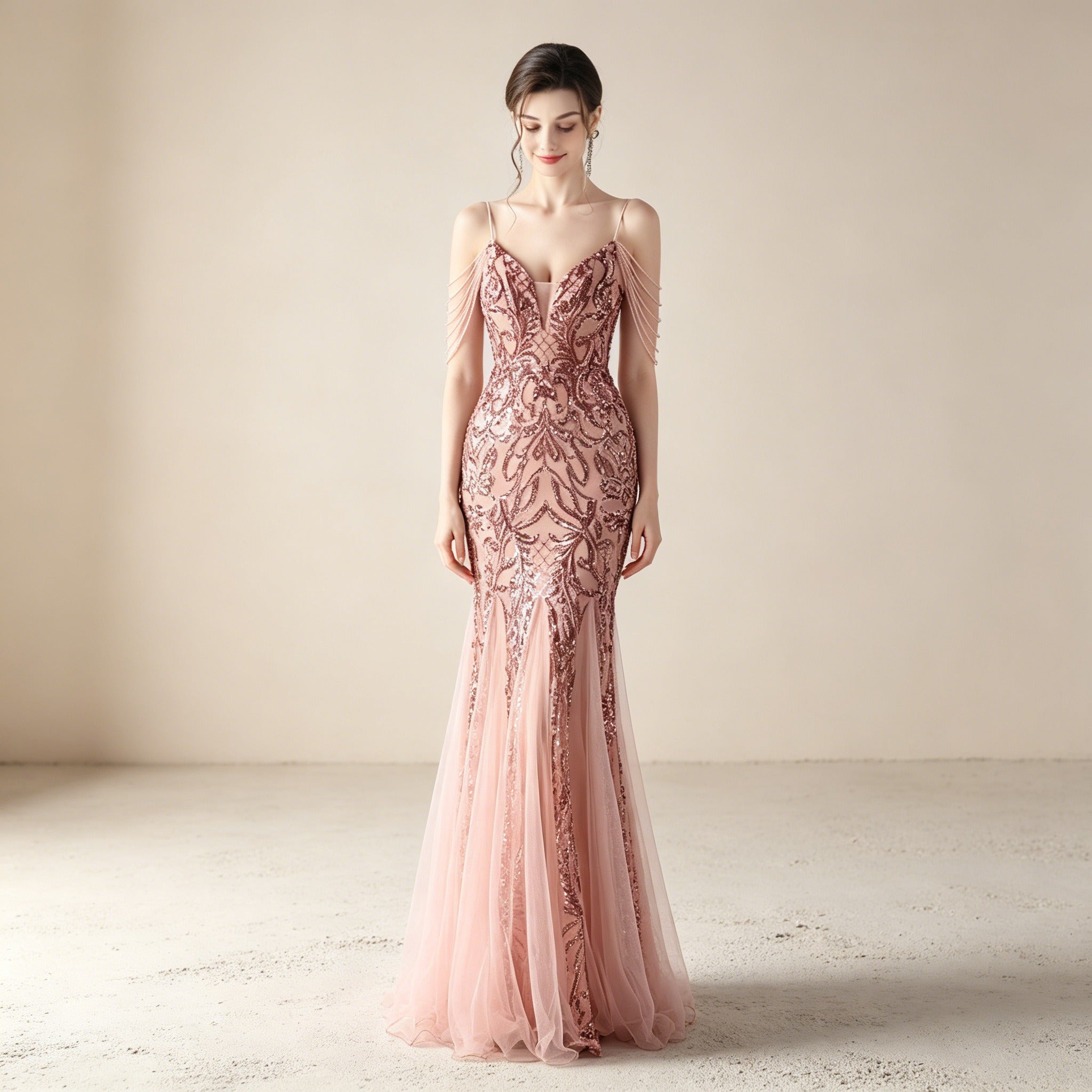 Elegantes Abendkleid in Altrosa – Meerjungfrau-Kleid mit Pailletten & Raffinierten Schulterketten