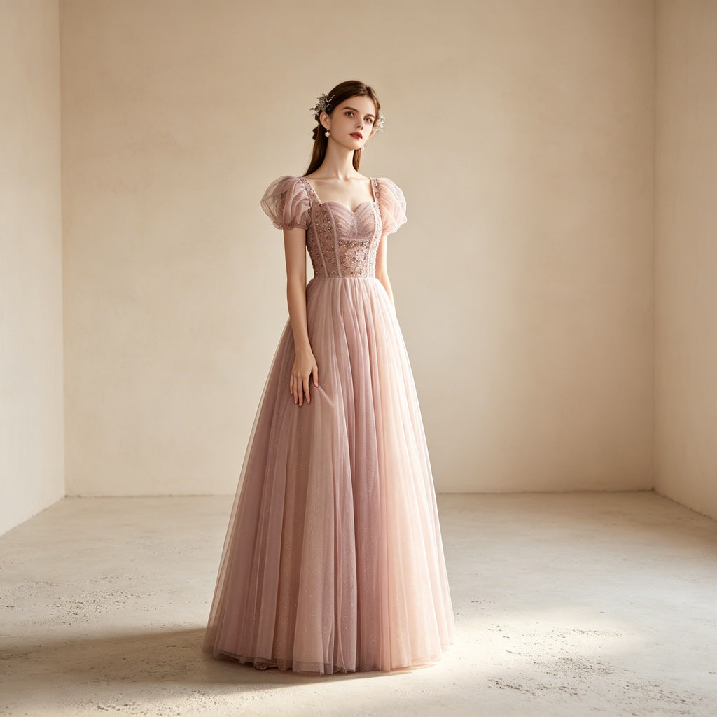 Festliches Sommerkleid mit Puffärmeln | Langes V-Ausschnitt Kleid