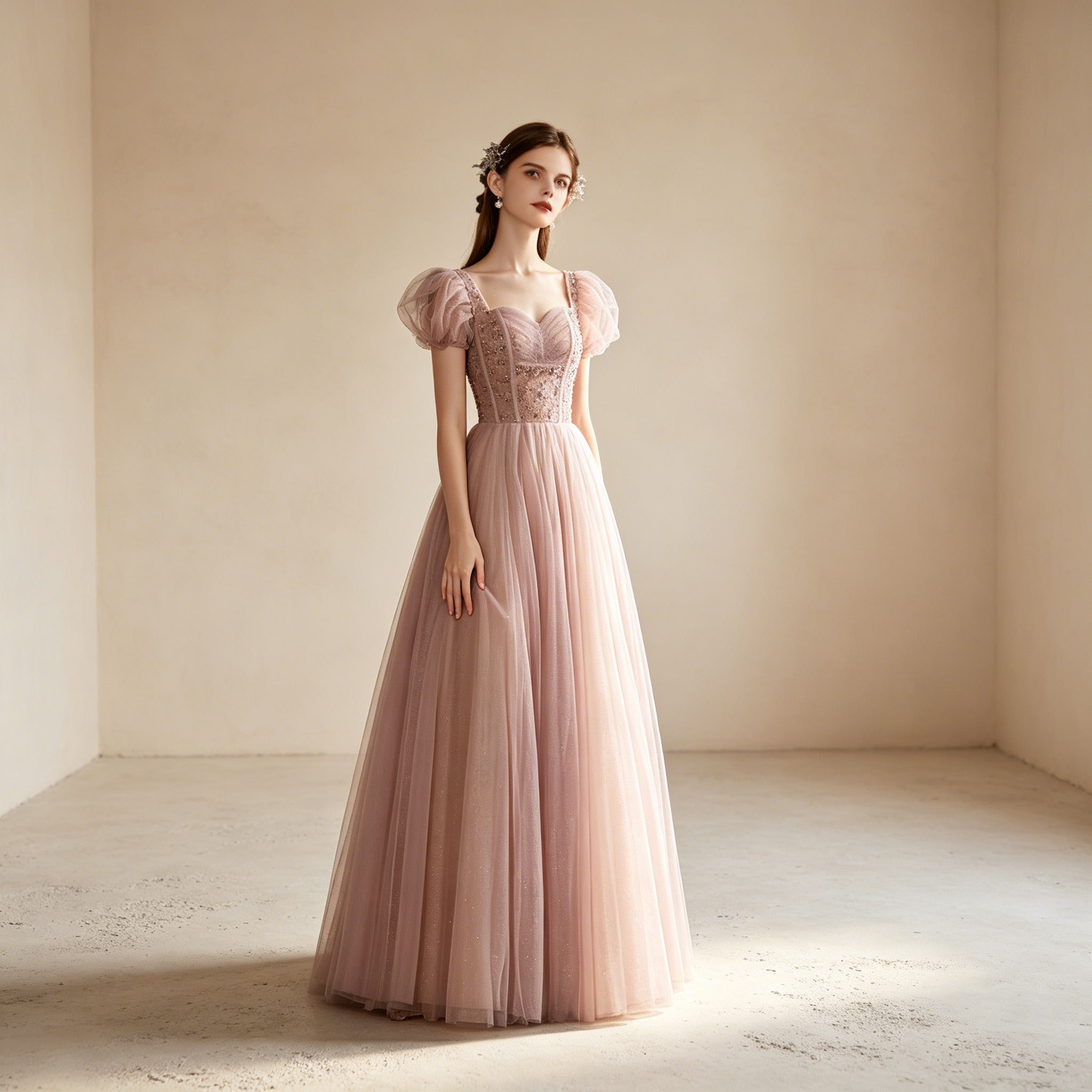 Festliches Sommerkleid mit Puffärmeln | Langes V-Ausschnitt Kleid