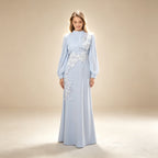 Elegantes Abendkleid Eisblau mit Stehkragen | Kleid mit 3D-Blumen