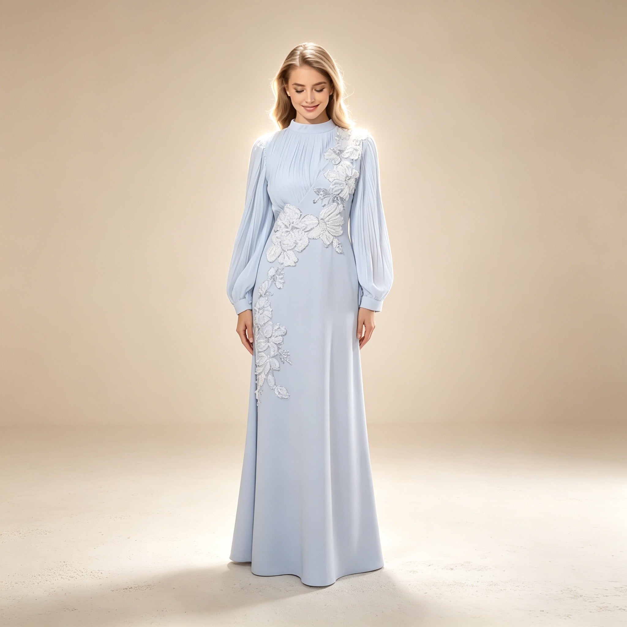 Elegantes Abendkleid Eisblau mit Stehkragen | Kleid mit 3D-Blumen
