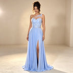 Asymmetrisches Abendkleid mit Strass | Hellblaues One-Shoulder Kleid mit Beinschlitz
