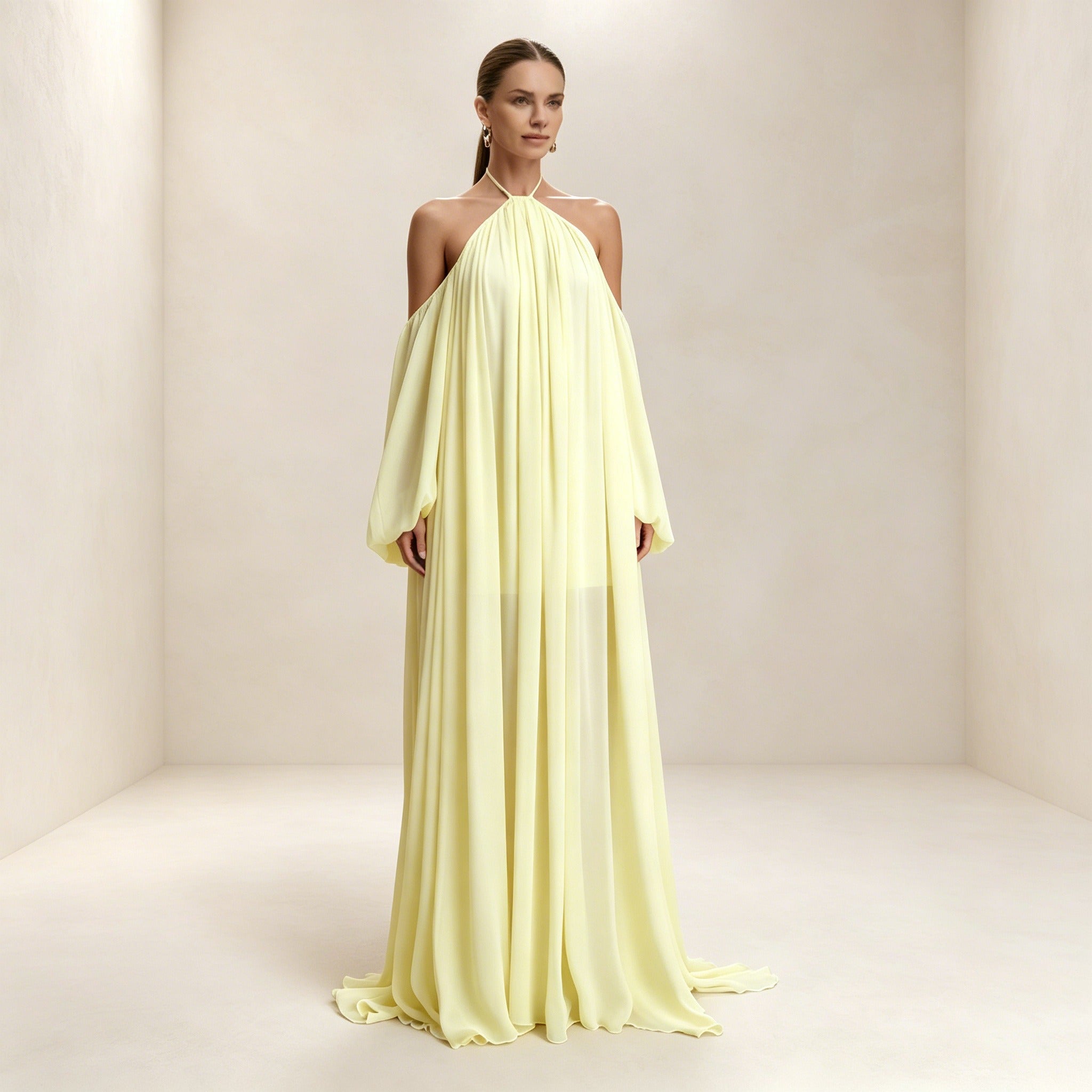 Festliches Sommerkleid in Hellgelb | Fließendes Boho-Chic Maxikleid
