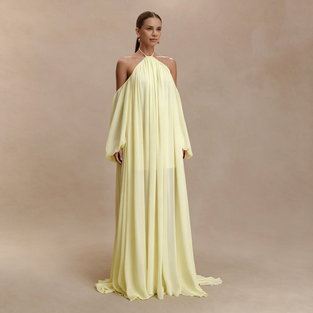 Festliches Sommerkleid in Hellgelb | Fließendes Boho-Chic Maxikleid