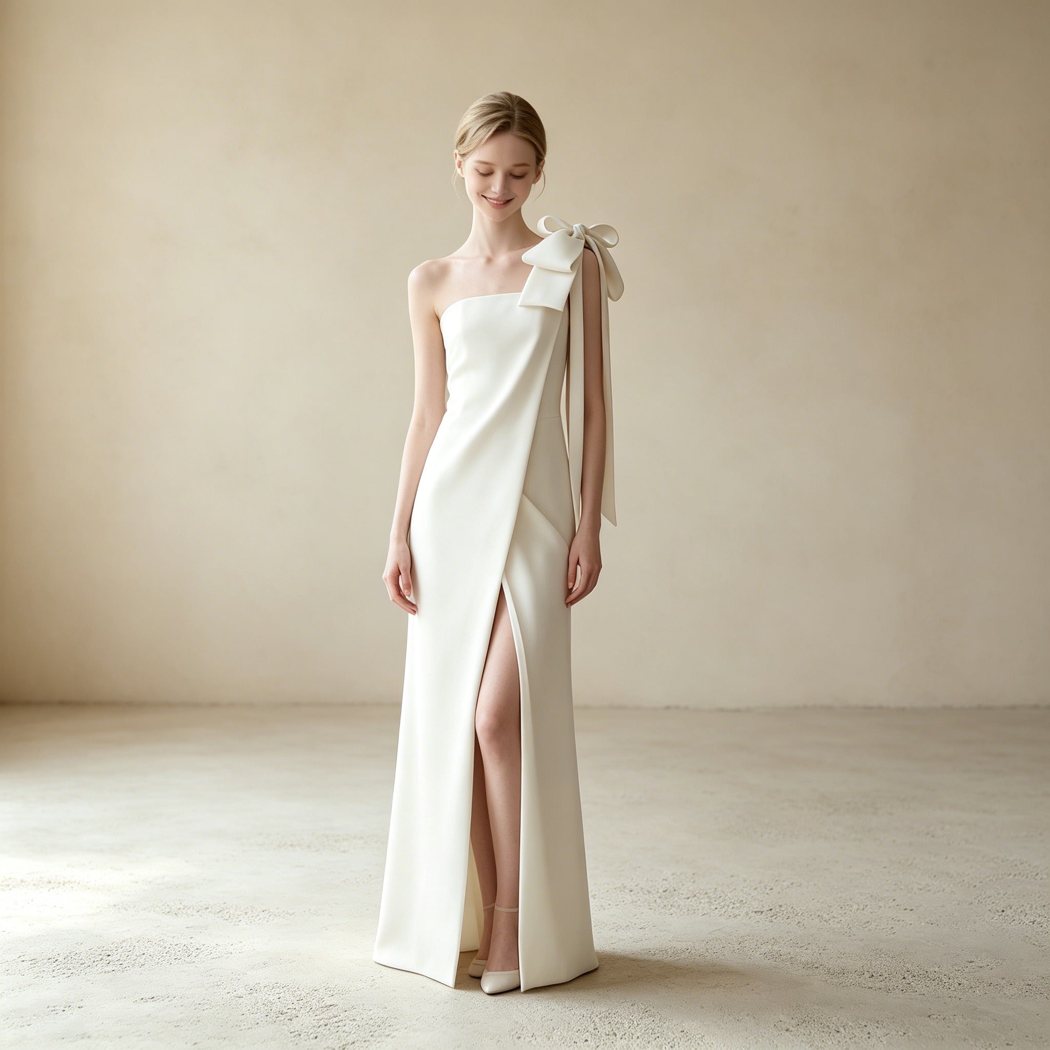 Elegantes One-Shoulder Abendkleid mit Schleife und Beinschlitz