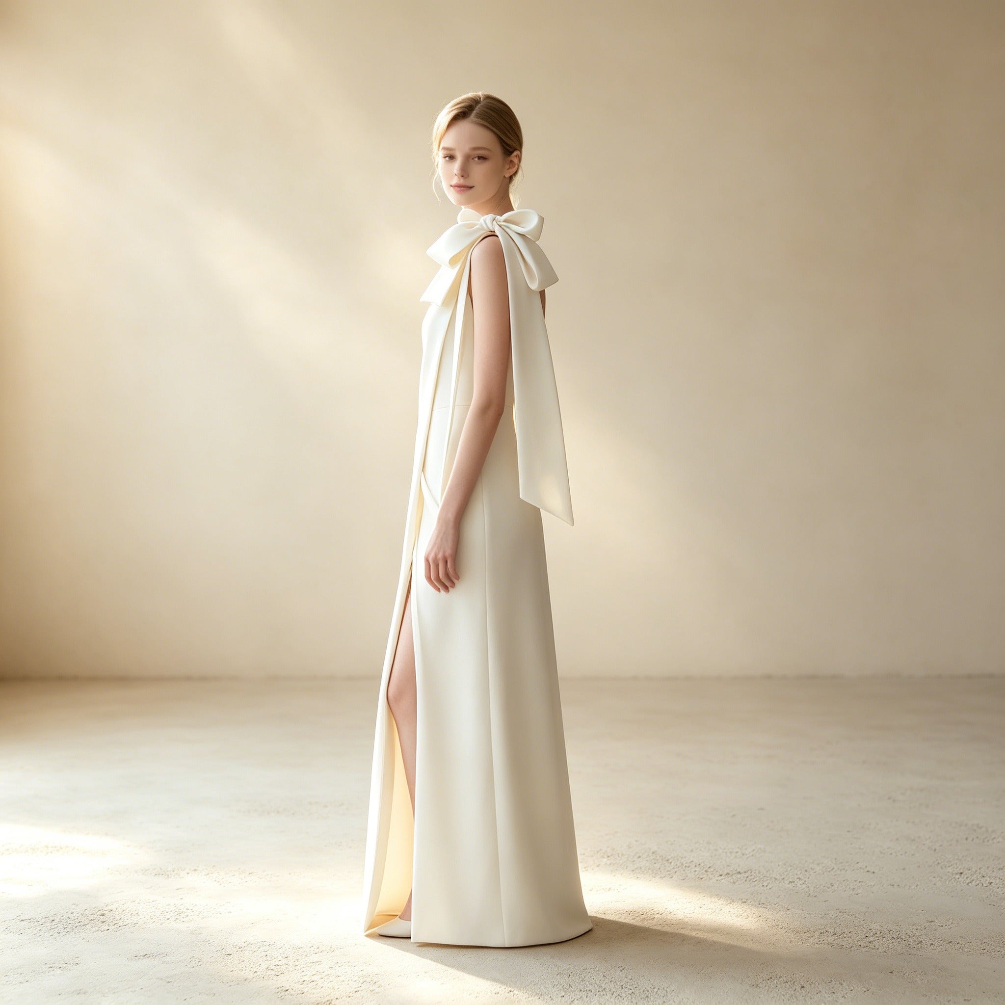 Elegantes One-Shoulder Abendkleid mit Schleife und Beinschlitz
