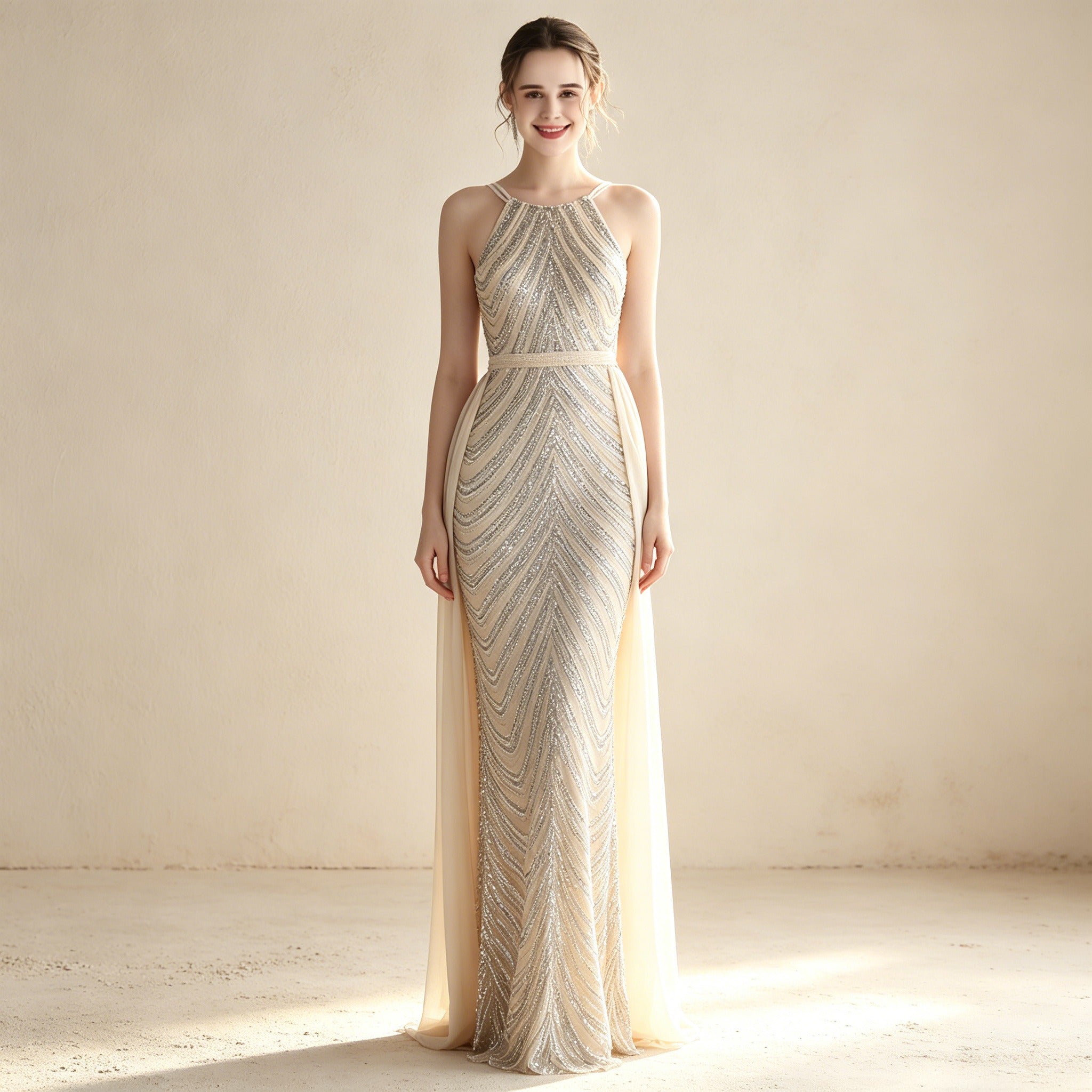 Elegantes Neckholder Abendkleid mit Pailletten – Figurbetontes Maxikleid im Meerjungfrau-Stil