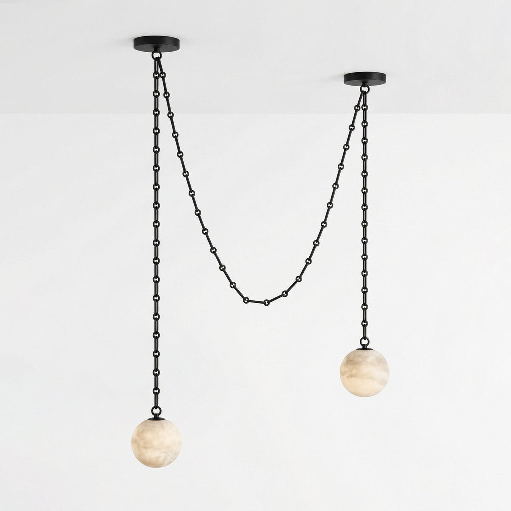 Industrial Alabaster Orb Chain Chandelier