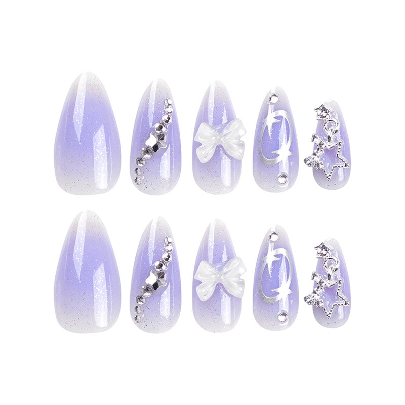 StarNagel Almond Nägel in Lila mit Glitzer, Sternen und Schleifen