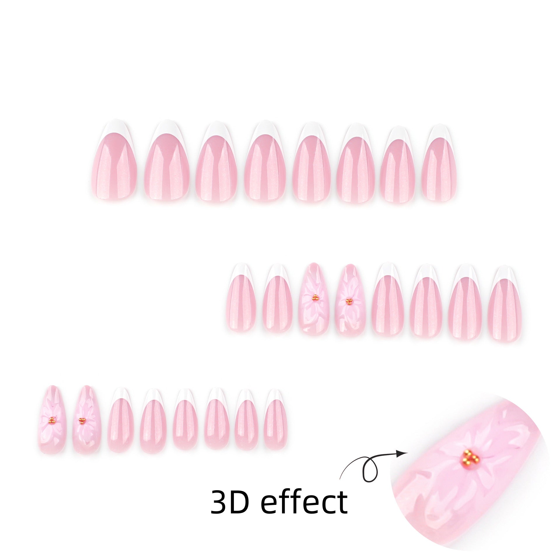 StarNagel Almond Nägel in Rosa mit 3D-Blumen und Weißem French Design
