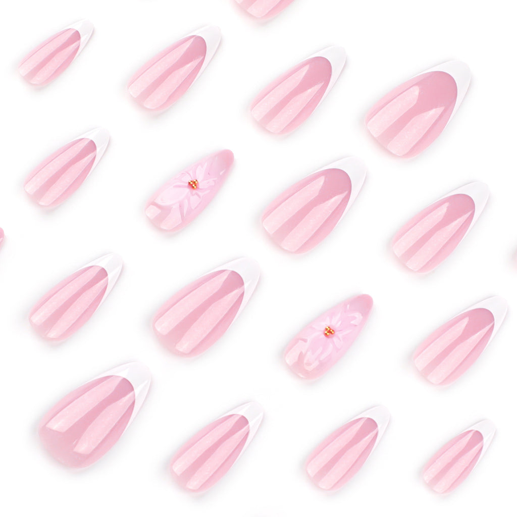 StarNagel Almond Nägel in Rosa mit 3D-Blumen und Weißem French Design