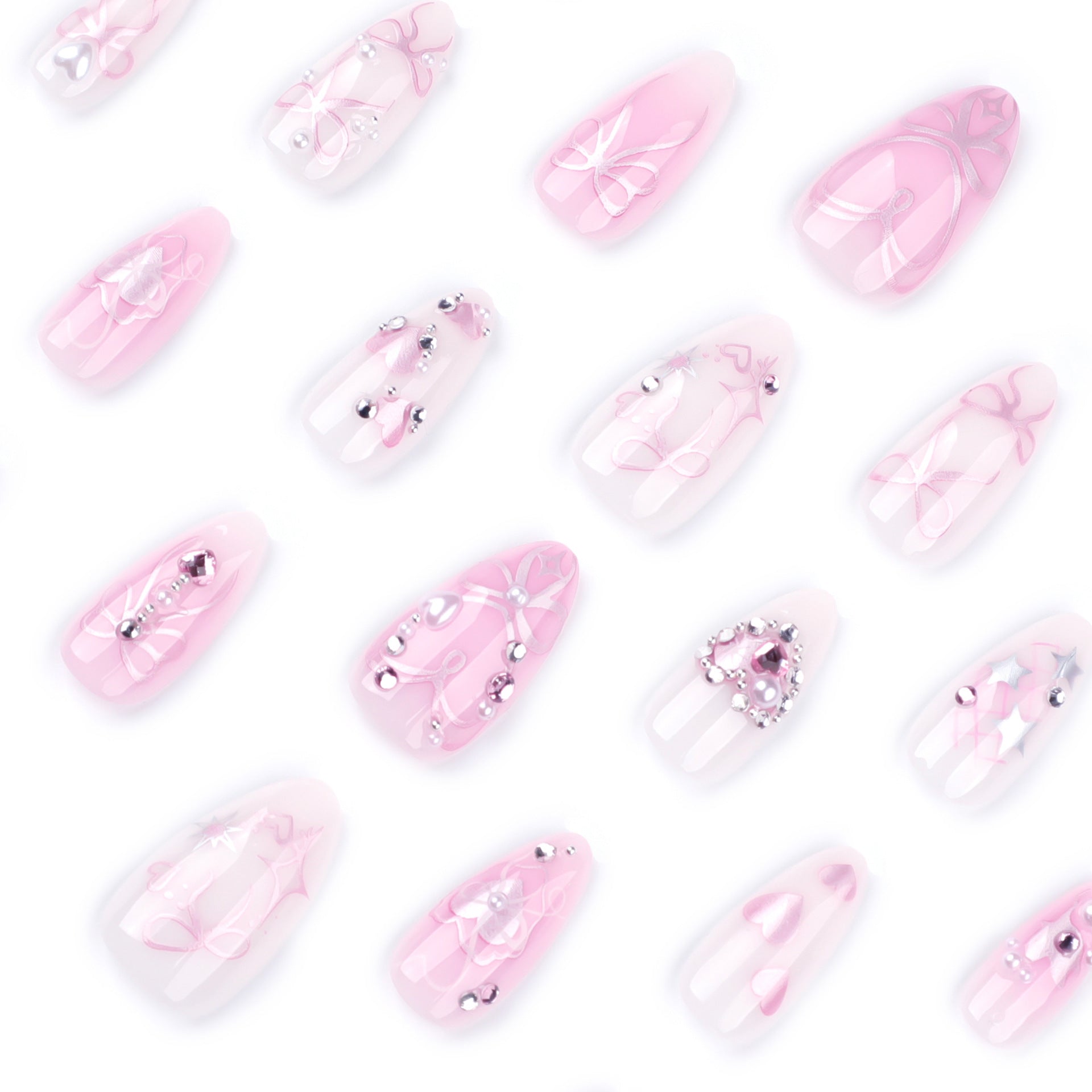 StarNagel Almond Nägel in Rosa mit Herzchen, Schleifen und Strasssteinen