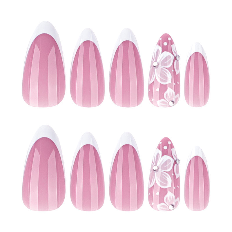 StarNagel Almond Nägel in Rosa mit Weißem French und Blumenmuster