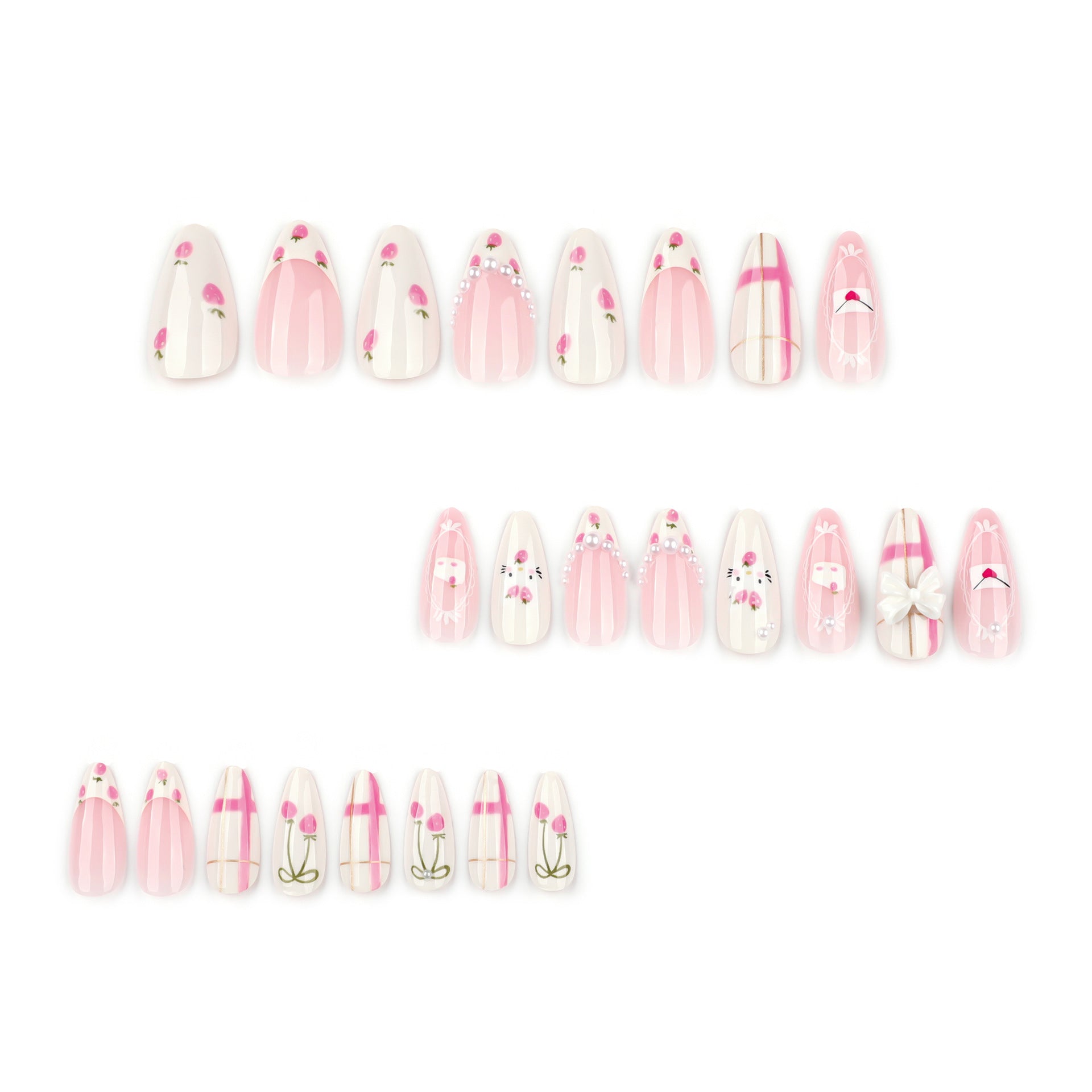 StarNagel Almond Nägel in Rosa-Weiß mit Erdbeer-Design im Süßen Mädchenstil