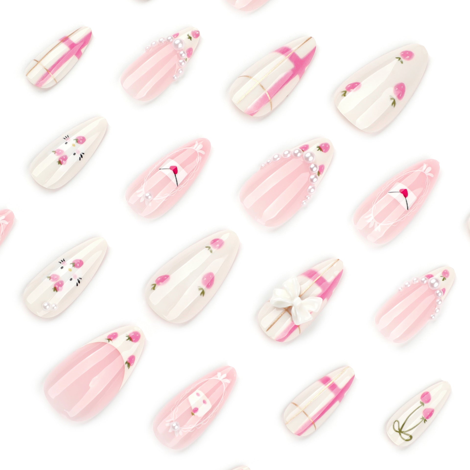 StarNagel Almond Nägel in Rosa-Weiß mit Erdbeer-Design im Süßen Mädchenstil