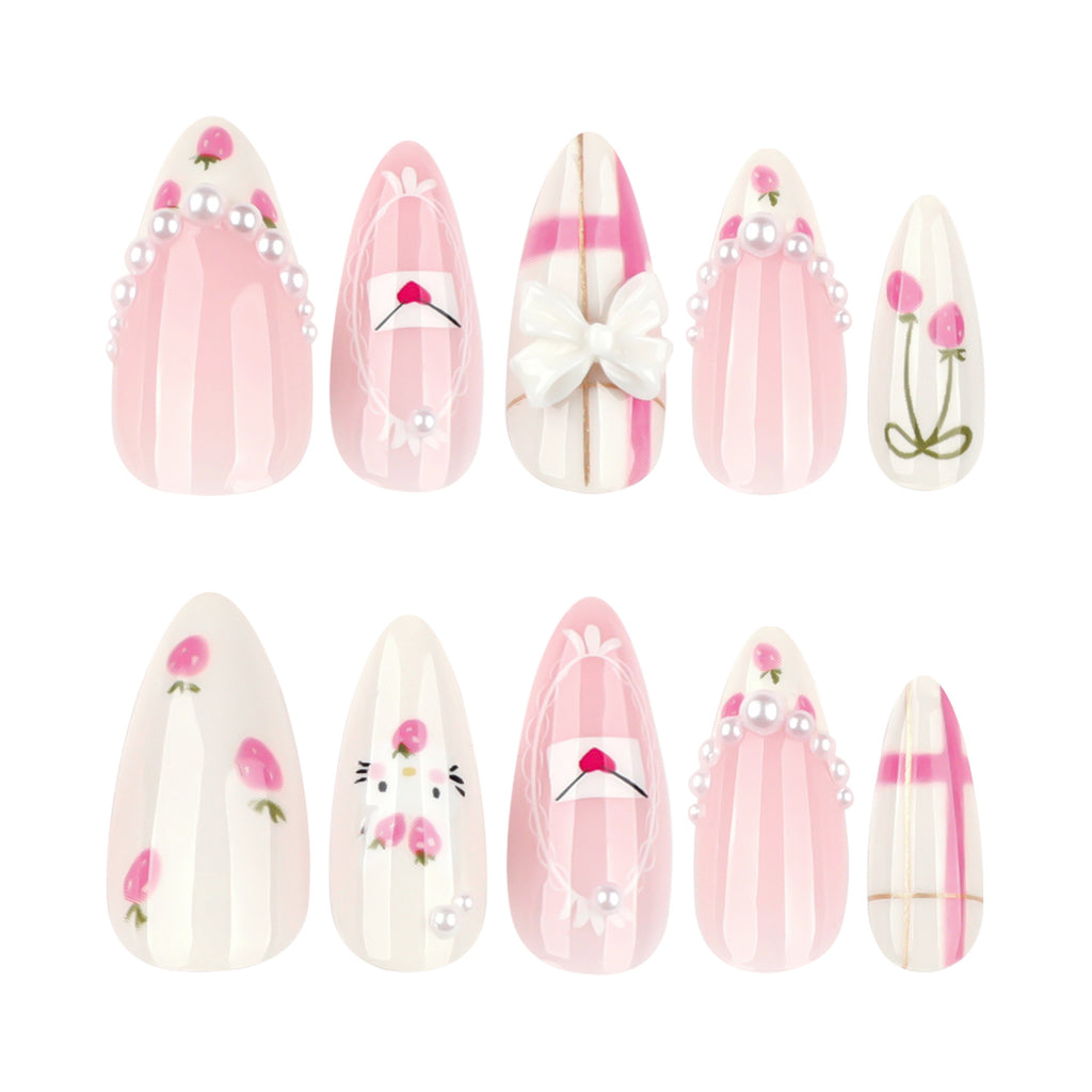 StarNagel Almond Nägel in Rosa-Weiß mit Erdbeer-Design im Süßen Mädchenstil