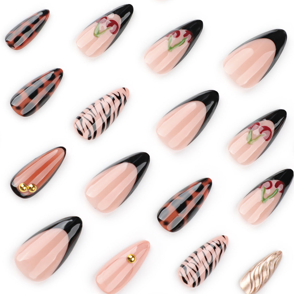 StarNagel Almond Nägel in Schwarz mit 3D Kirschen und Zebramuster