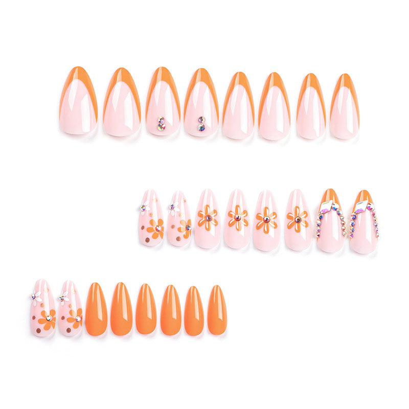 StarNagel Almond Nägel in Orange mit French, Blumenmotiv und Strasssteinen