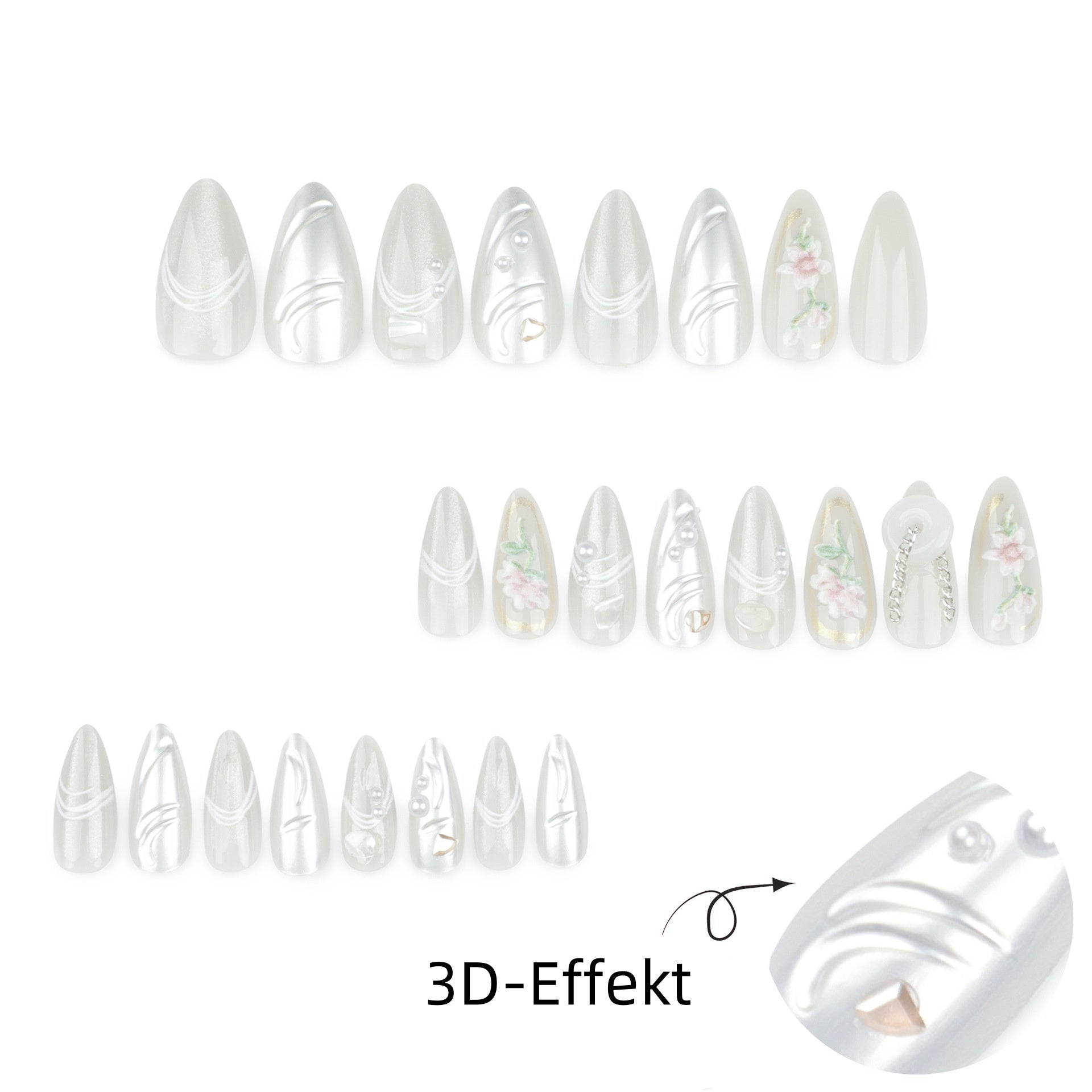 StarNagel Almond Nägel in Silber-Weiß mit 3D Magic Mirror