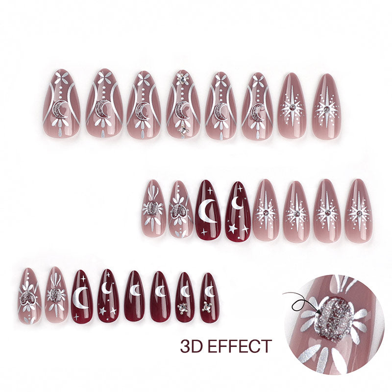 StarNagel Almond Nägel in Weinrot mit Handgemalten Sternen, Monden und Strasssteinen