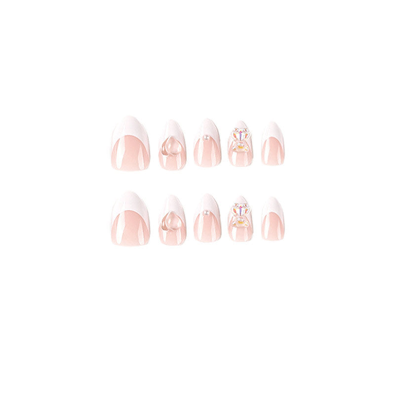 StarNagel Almond Nägel in Weißem French mit Perlen, 3D-Bärchen und Pfirsich