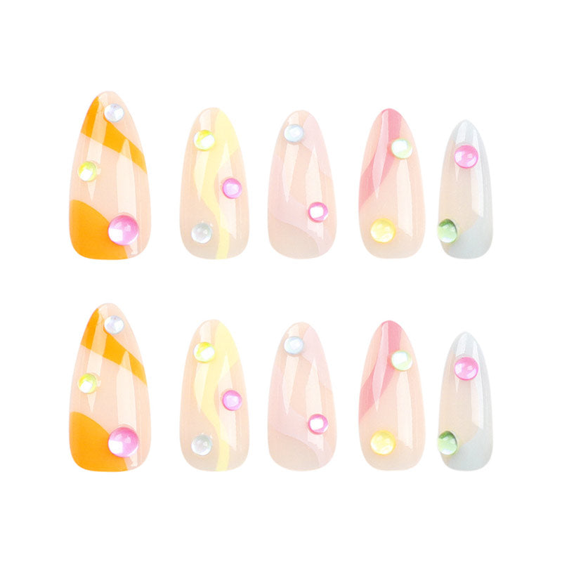 StarNagel Almond Nägel mit Bunte Streifen und Perlen im Meerjungfrauen-Stil