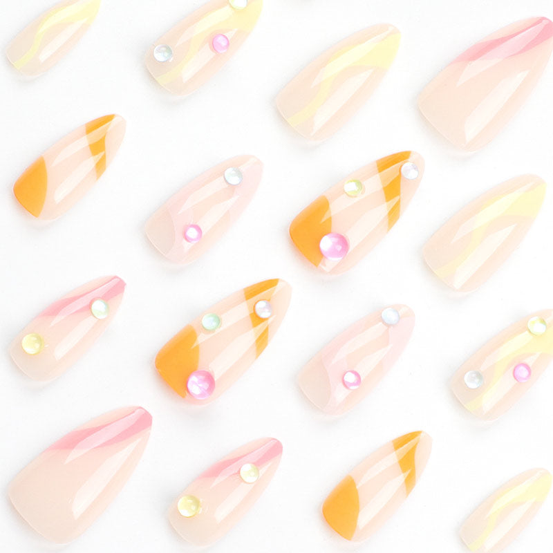 StarNagel Almond Nägel mit Bunte Streifen und Perlen im Meerjungfrauen-Stil