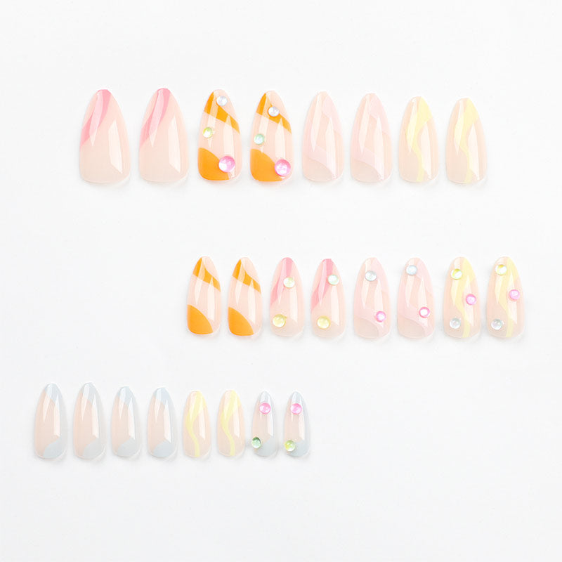StarNagel Almond Nägel mit Bunte Streifen und Perlen im Meerjungfrauen-Stil