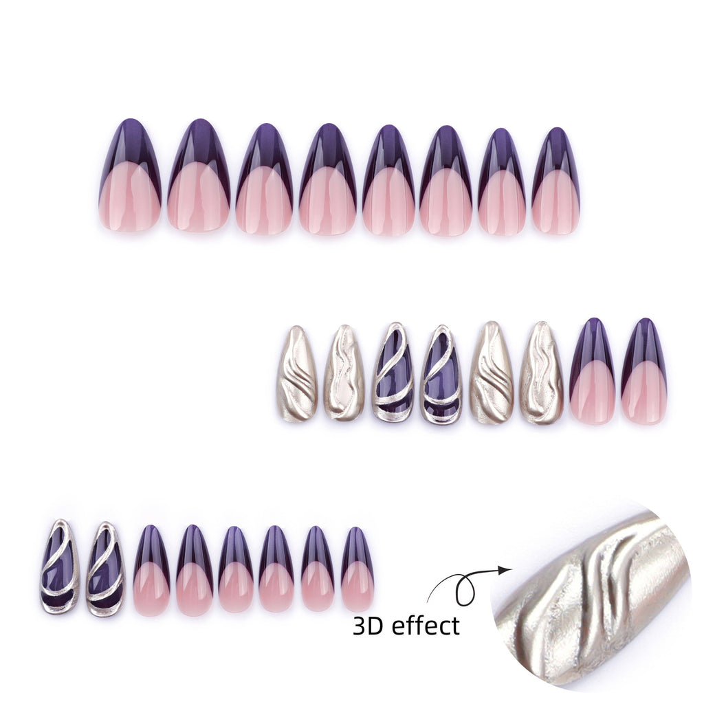 StarNagel Almond Nägel mit French in Lila und Silber mit Perlglanz