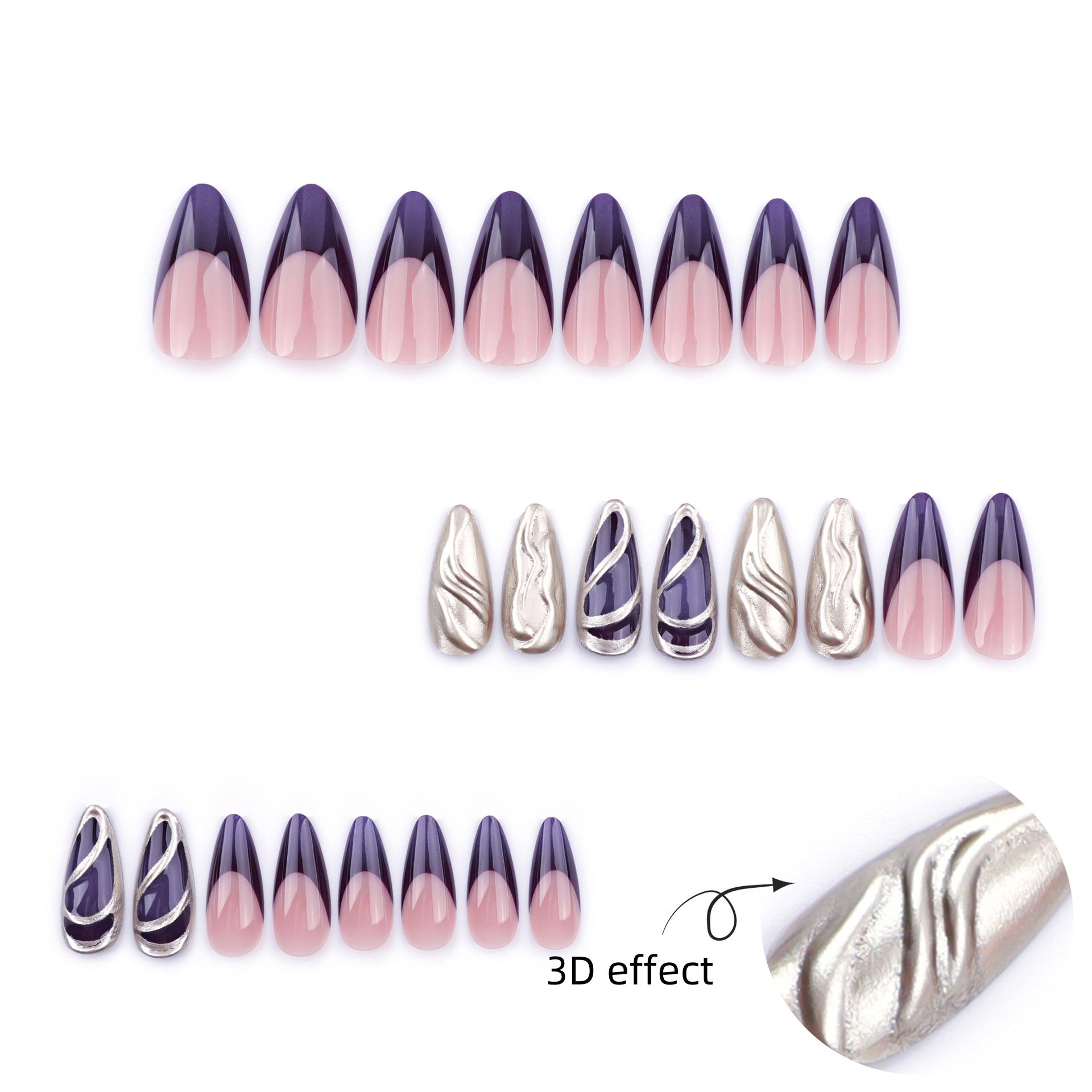 StarNagel Almond Nägel mit French in Lila und Silber mit Perlglanz