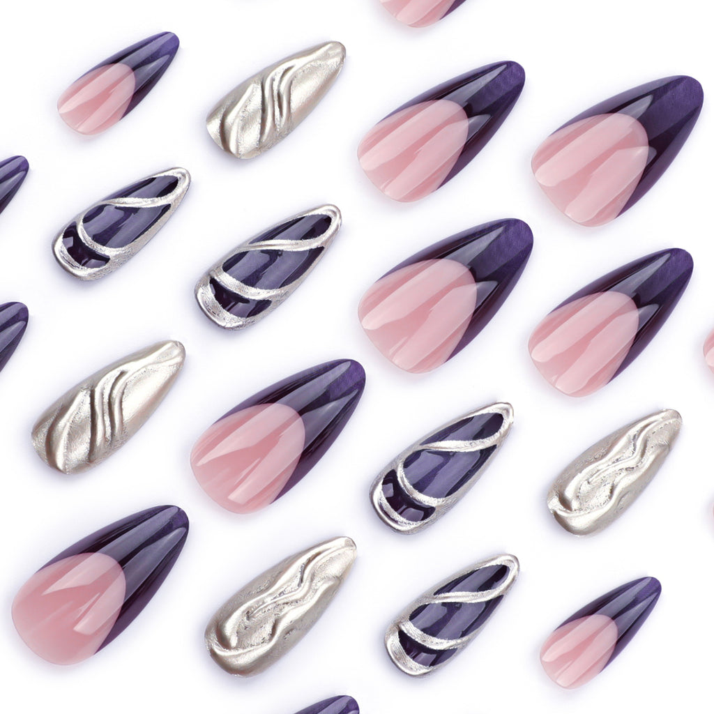 StarNagel Almond Nägel mit French in Lila und Silber mit Perlglanz