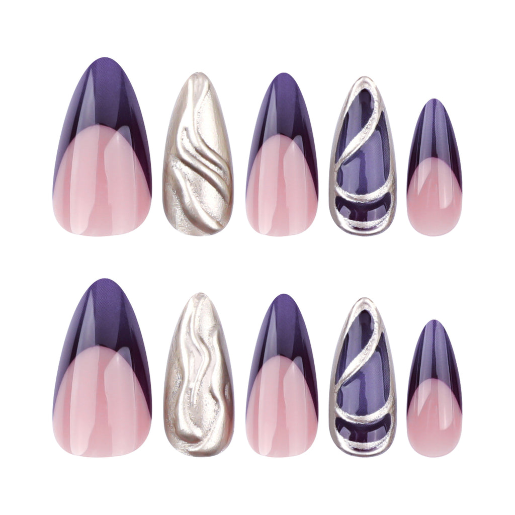 StarNagel Almond Nägel mit French in Lila und Silber mit Perlglanz