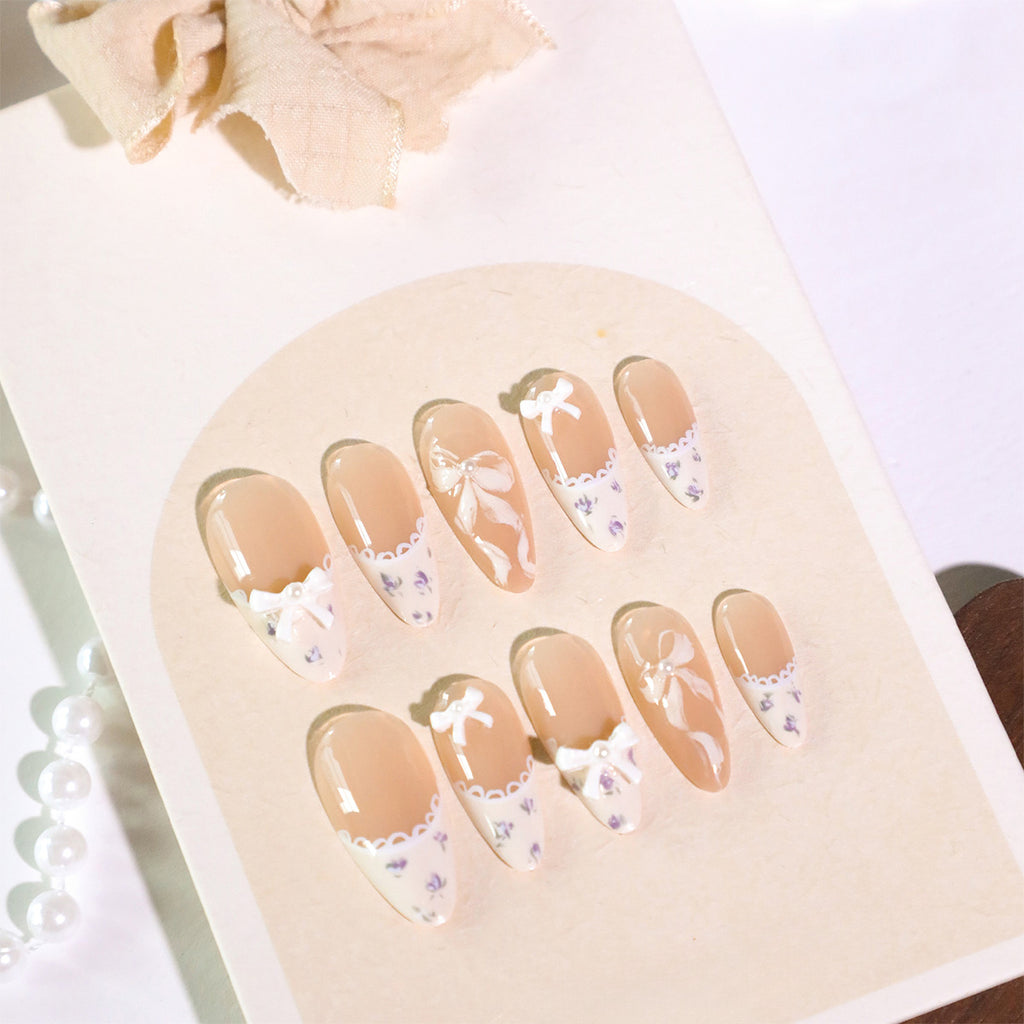 StarNagel Almond Nägel French Maniküre mit 3D-Seidenband und Schleife