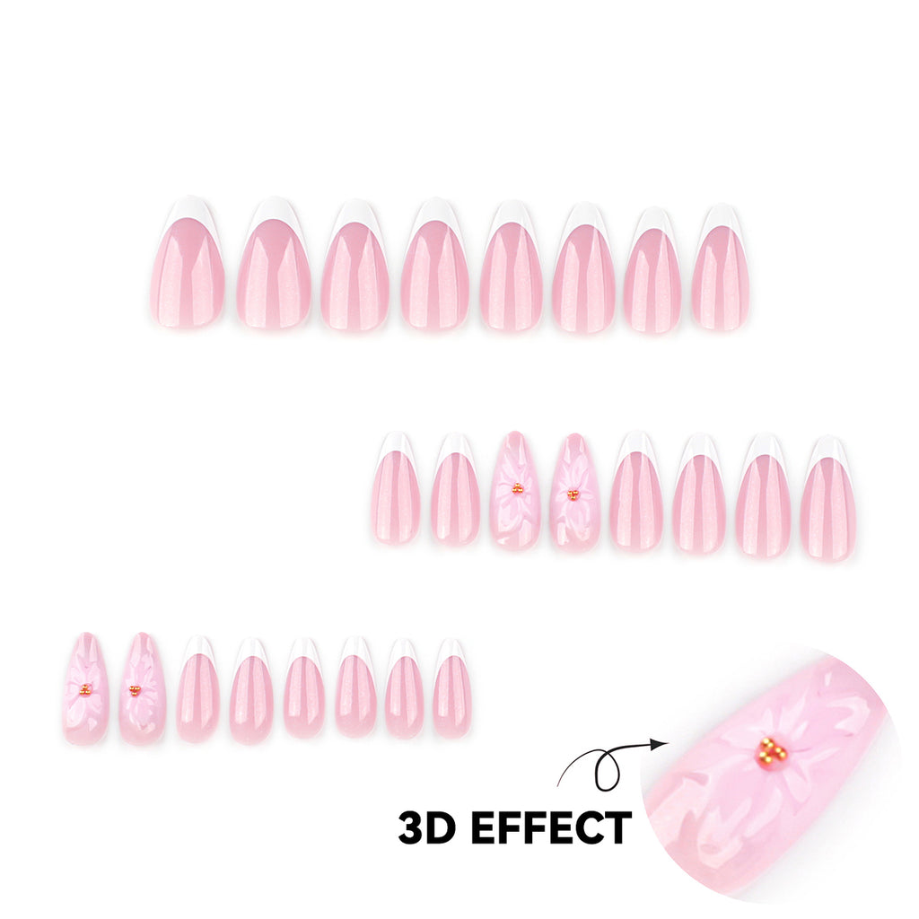 StarNagel Almond Nägel French Maniküre mit weißen Spitzen und 3D-Blumen