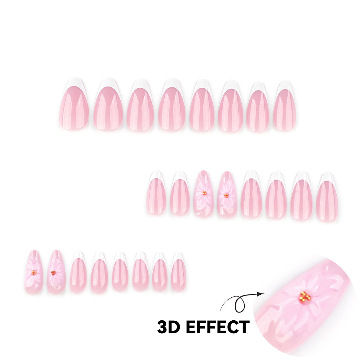 StarNagel Almond Nägel French Maniküre mit weißen Spitzen und 3D-Blumen