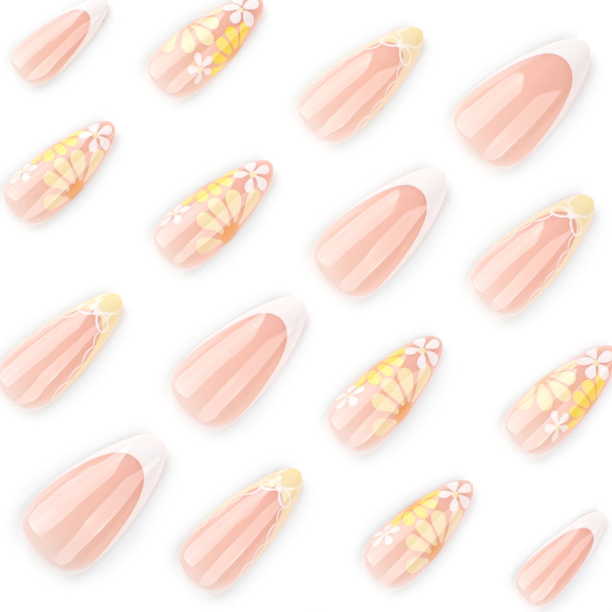 StarNagel Almond Nägel in Nude mit weißen Rändern und Blumen