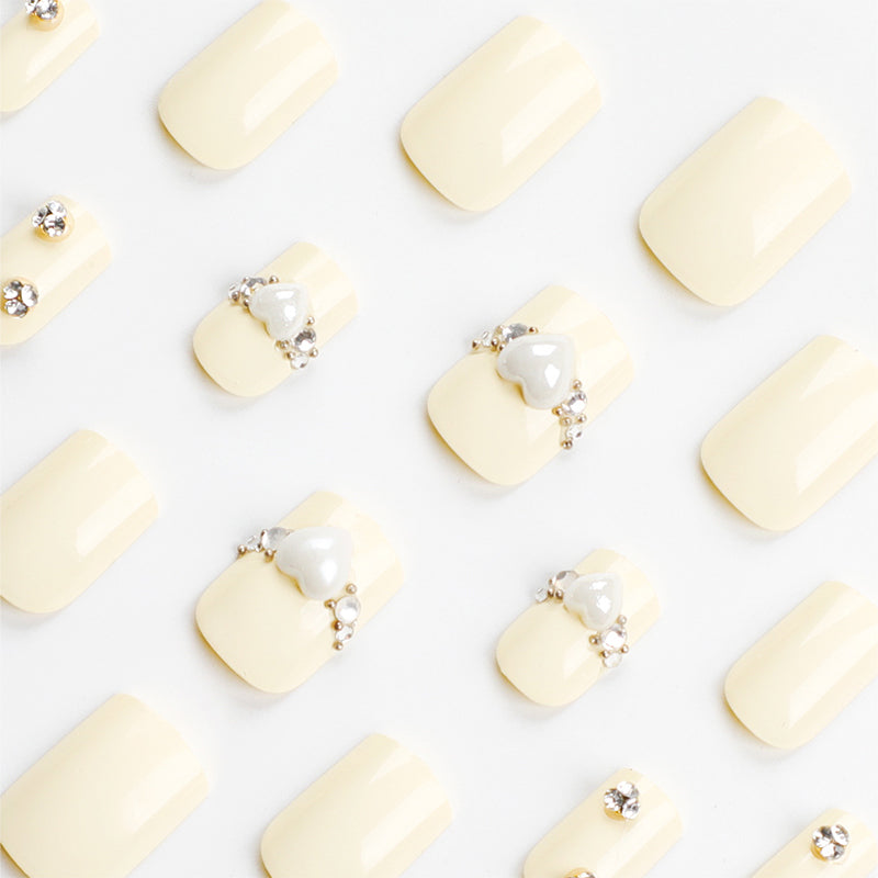 StarNagel Ballerina Nägel in Gelb-Weiß Einfarbig mit Glitzer und Herz-Strasssteinen