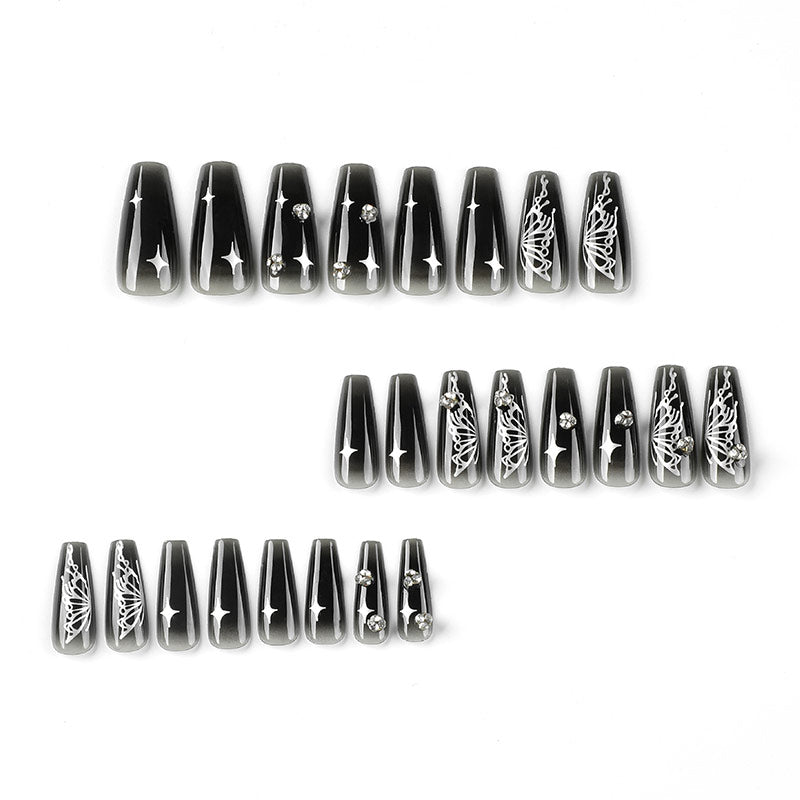StarNagel Ballerina Nägel in Transparent-Schwarz mit Silbernen Cut-Outs, Schmetterlingen