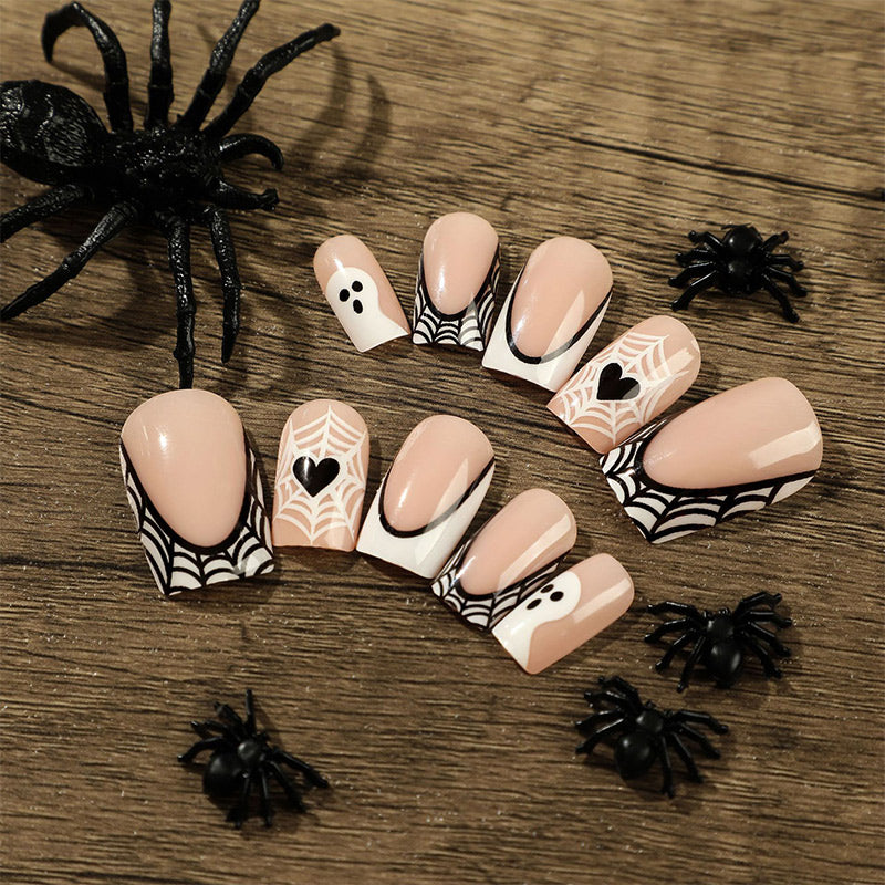 StarNagel Ballerina Nägel mit Weißem French, Schwarzem Rand, Geistern, Herzchen und Spinnennetz für Halloween