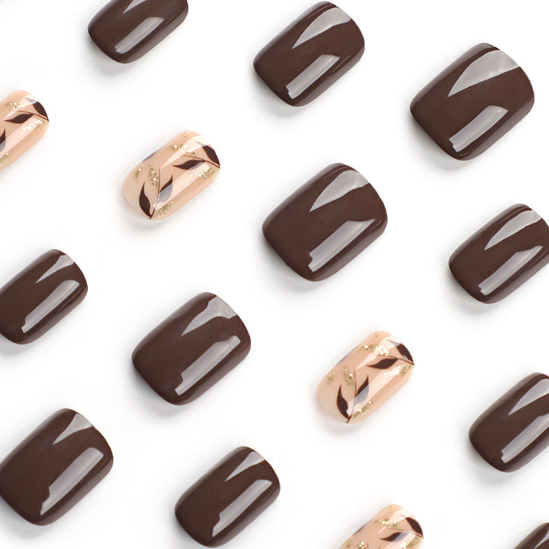 StarNagel Square Nägel in Braun mit Herbstblättern, Goldglitzer und Schlichtem