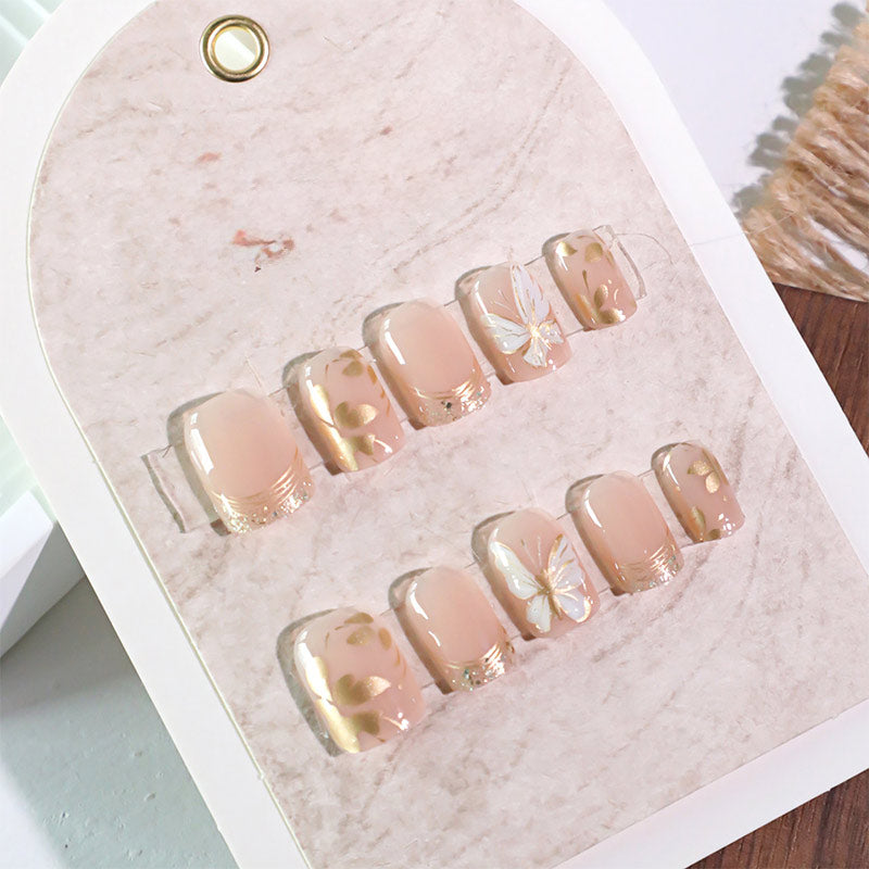 StarNagel Square Nägel in Nude mit Blumen und Goldenen Schmetterlingen