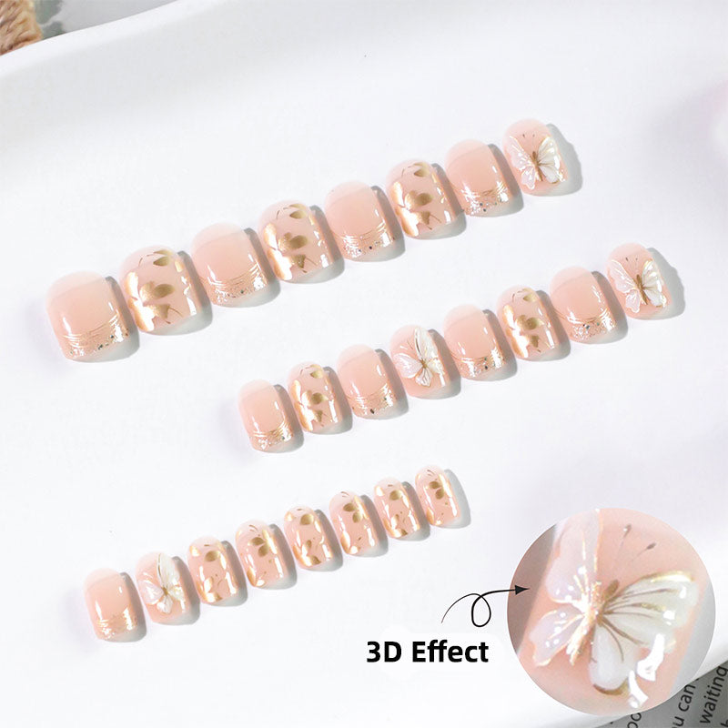 StarNagel Square Nägel in Nude mit Blumen und Goldenen Schmetterlingen