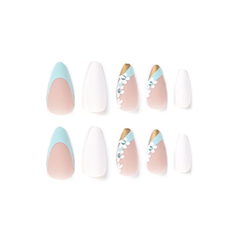 StarNagel Stiletto Nägel in Matt Blau mit Strassblumen, Schrägem French und Mehrfarbigem