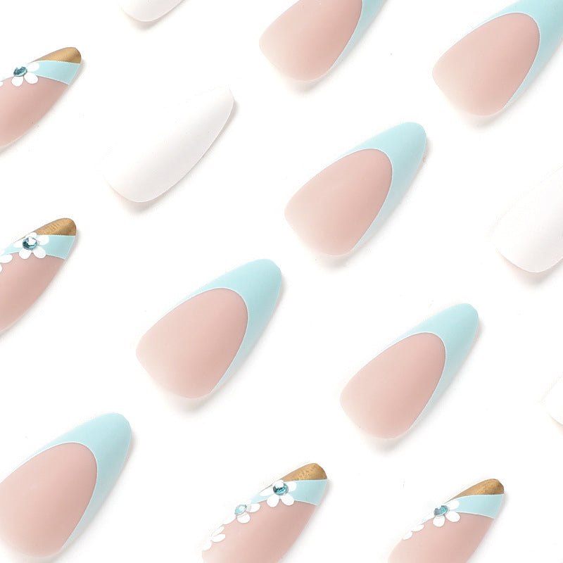 StarNagel Stiletto Nägel in Matt Blau mit Strassblumen, Schrägem French und Mehrfarbigem