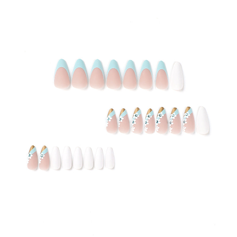 StarNagel Stiletto Nägel in Matt Blau mit Strassblumen, Schrägem French und Mehrfarbigem